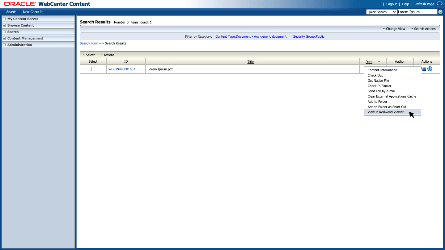 This image shows the View File option on the Search Results page.