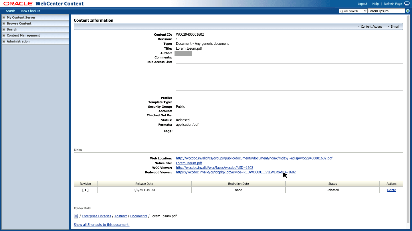 This image shows the View File option on the Content Information page.