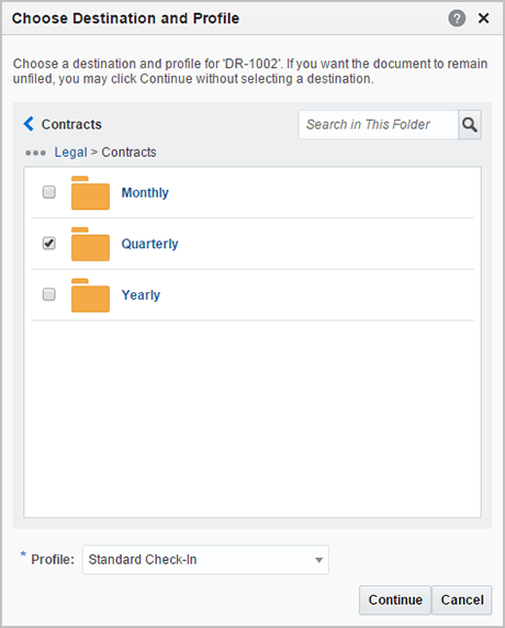 Choose Destination and Profile screen