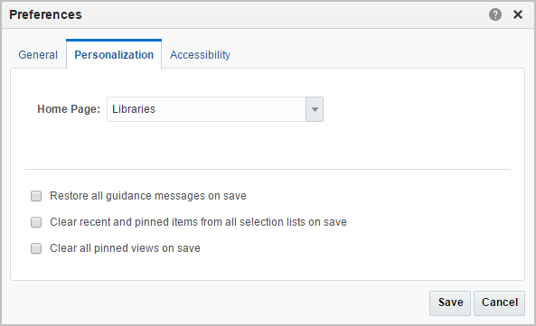 Preferences Personalization tab Preferences Personalization tab