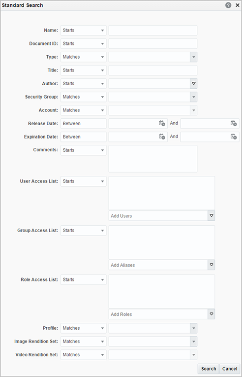 This image displays the Standard Search form