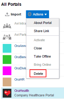 Actions menu in WebCenter Portal administration showing Delete action