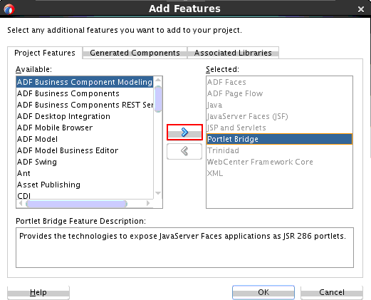This image shows the Add features dialog, which has list of Available and Selected features for a project.