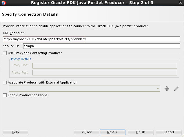 This image shows the Specify Connection Details of the Register Oracle PDK-Java Producer wizard.