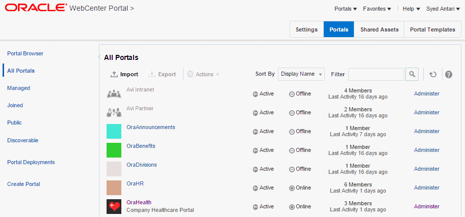 WebCenter Portal Administration - Portals Page