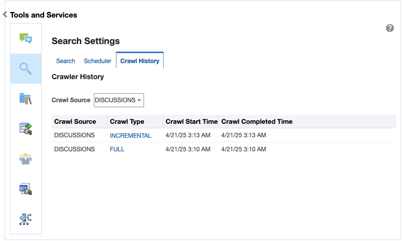 Discussions Crawl History The figure shows the crawl history for the Discussions crawl source.