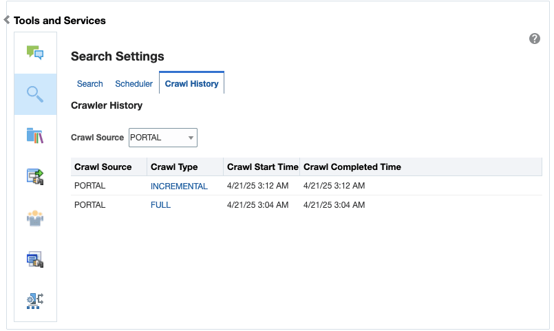 Portal Crawl History The figure shows the crawl history for the Portal crawl source.