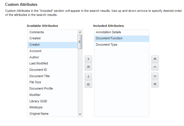 Elasticsearch Settings - Custom Attributes This figure shows the available Custom Attributes. There are two section, Available Attributes and Included.