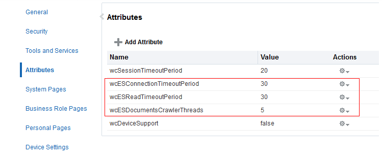 Attributes for Elasticsearch Settings This screenshot shows the Attributes page.