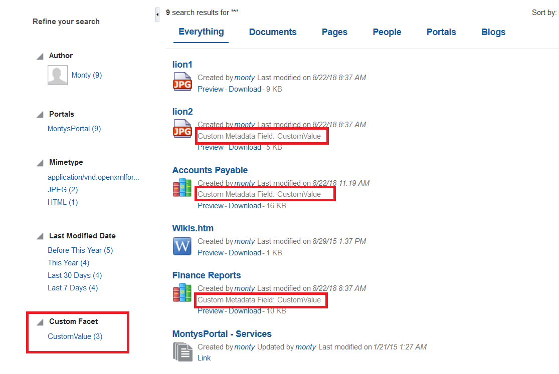 Search Results with the Created Facet The figure shows a portal page with search results.