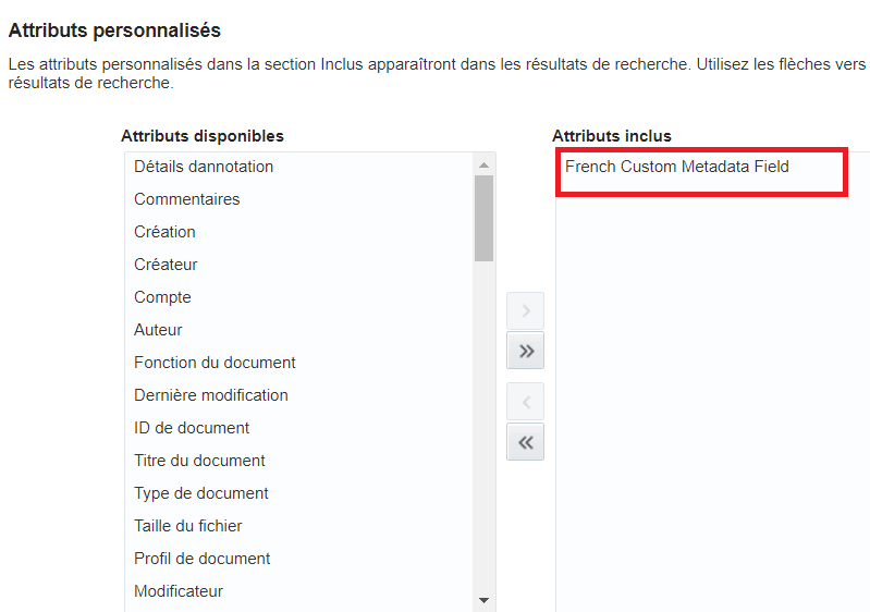 This figure shows the Custom Attributes section of the Search Settings page in French language.