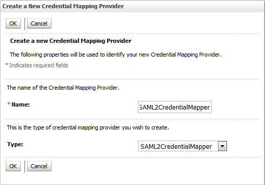 The images shows the Create a New Credential Mapping dialog with Name and Type field.