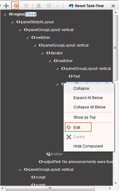 Selected Task Flow Element on a Page in Structure View