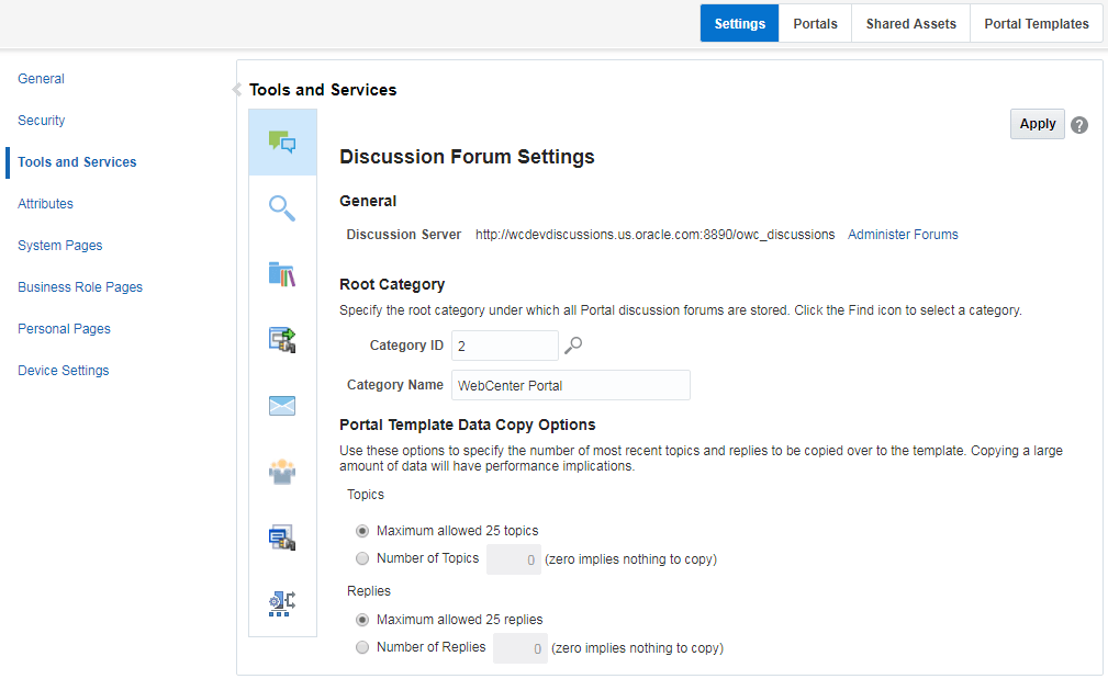 WebCenter Portal Tools and Services Page
