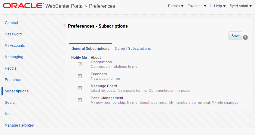 Preferences - Subscriptions: General Subscriptions Page