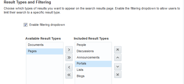 This figure shows the result types available in WebCenter Portal and Enable filtering dropdown is selected.
