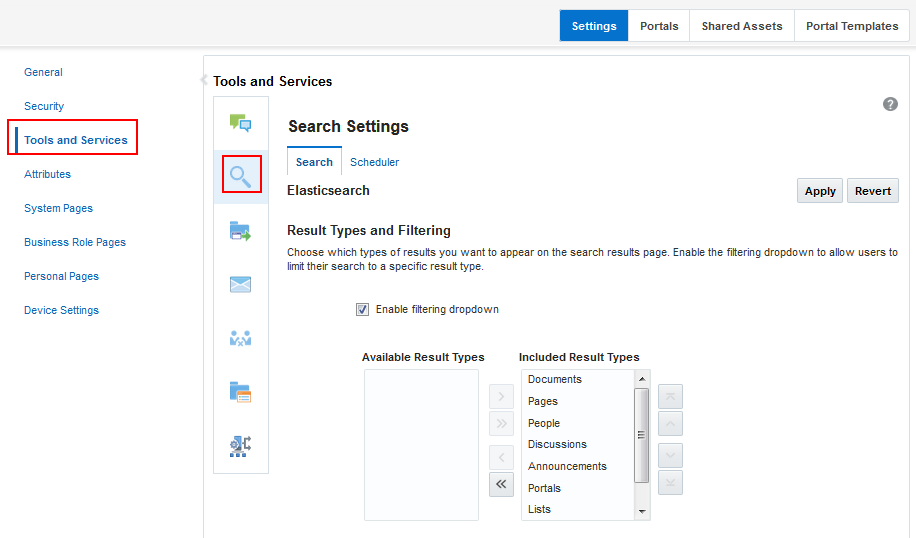 The figure shows the search setting options in the Search Setting page, such as search scope, custom attributes.