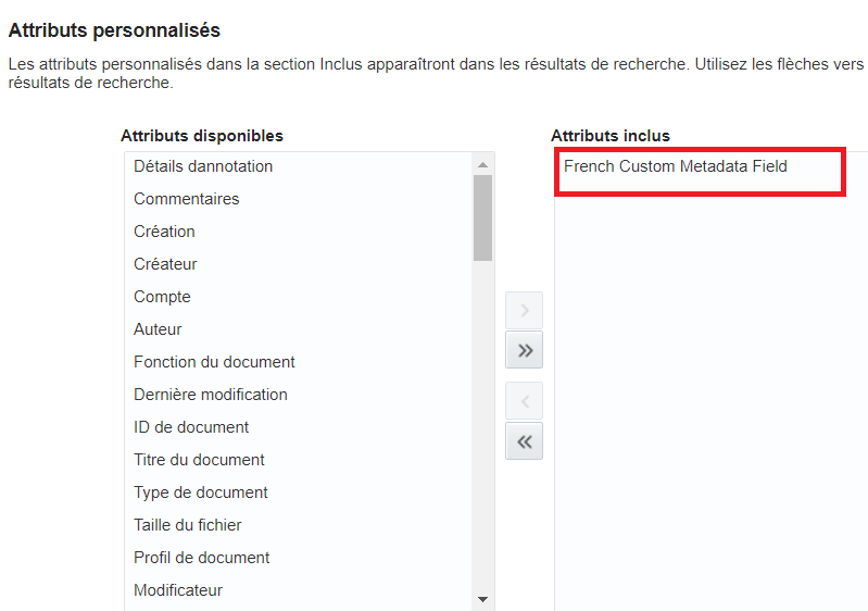 This figure shows the Custom Attributes section of the Search Settings page in French language.