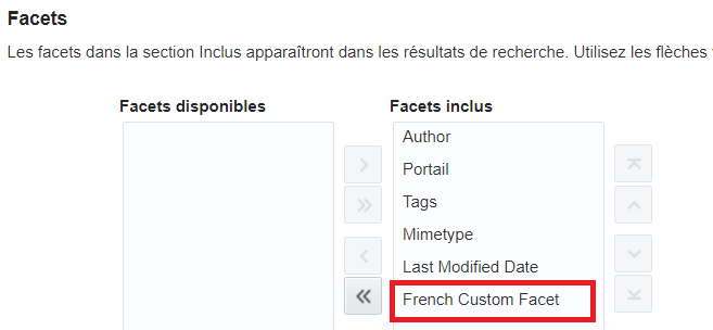 This figure shows the Facets section of the Search Settings page in French language.