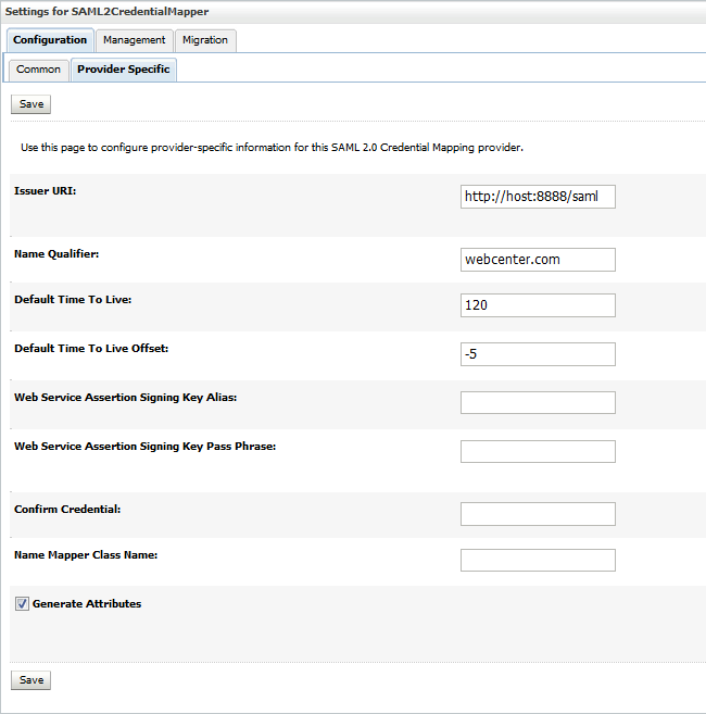 This image shows the provider-specific information for the newly added SAML 2.0 Credential Mapping Provider.