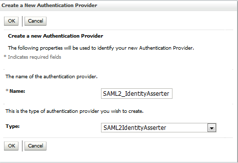 The image shows the create new authentication provider page with name and type option.