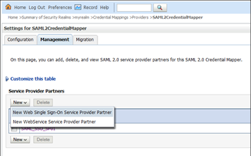This images shows the New Web Single Sign-On Service Provider Partner option selected for Service Provide Partner.