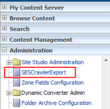 This image shows the Administration Menu with the SESCrawlerExport component.