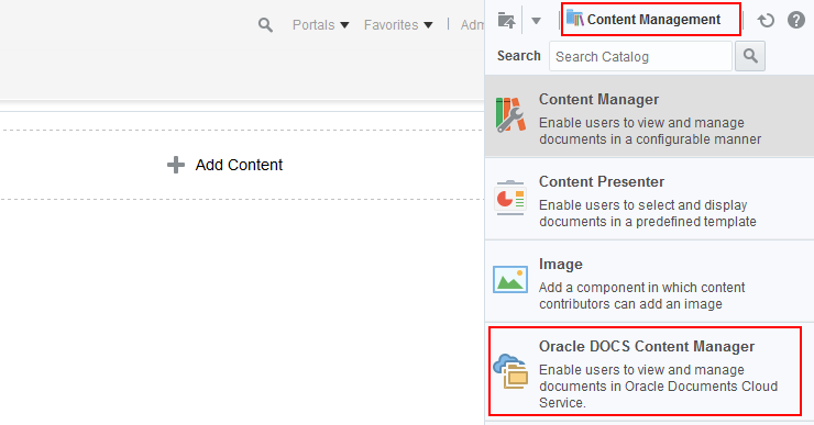 The image shows the Oracle DOCS Content Manager task flow in the Content Management resource catalog.