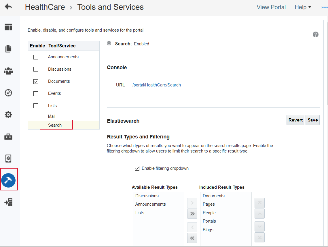 This figure shows the Search administration page with Elastic Search configured.