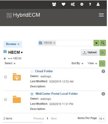 This image shows the Content Manager with cloud folder and WebCenter Portal local folder
