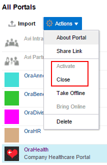 Actions menu showing Activate and Close actions