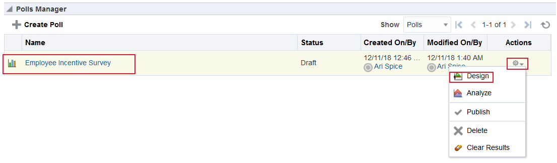 This figure shows the Polls Manager task flow with a poll selected. The Actions drop-down list is shown with Design highlighted.