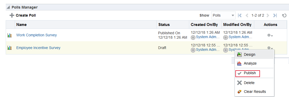 This figure shows the Polls Manager task flow with a poll selected. The Actions drop-down list is shown with Publish highlighted.