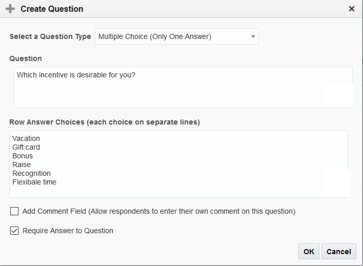 This figure shows the Create Question dialog with the fields filled in.