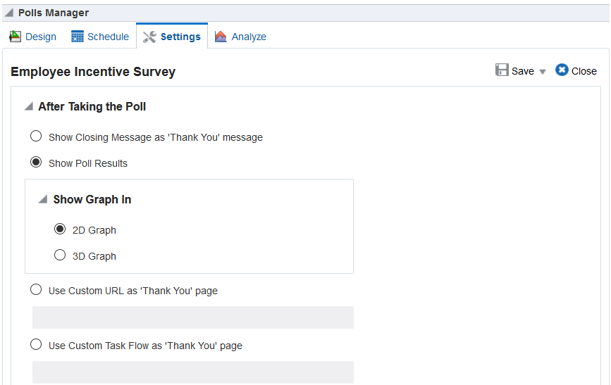 This figure shows the Settings page of the Polls Manager, with After Closing the Poll options.