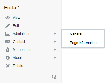 The screen shot shows the portal actions after you flip the portal. The Administer and Page Information options are highlighted.