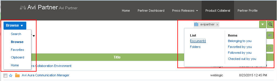 This image shows the browse and search options in the Content Manager.