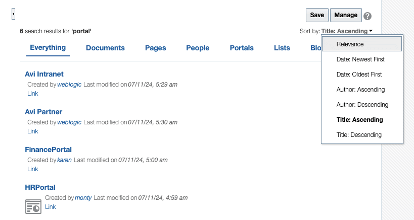 This screen shot shows the default sorting options drop-down: Relevance (selected), Date: Newest First, Date: Oldest First, Author: Ascending, Author: Descending, Title: Ascending, Title: Descending.