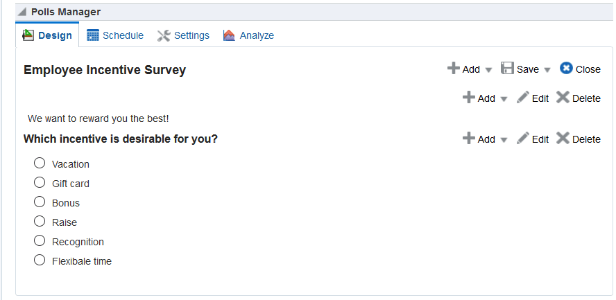 This figure shows the Polls Manager Design page with a sample section and question under it.