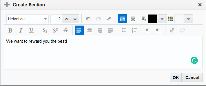 This figure shows the Create Section dialog. The dialog has rich text editor controls, a text field, and OK and Cancel buttons.