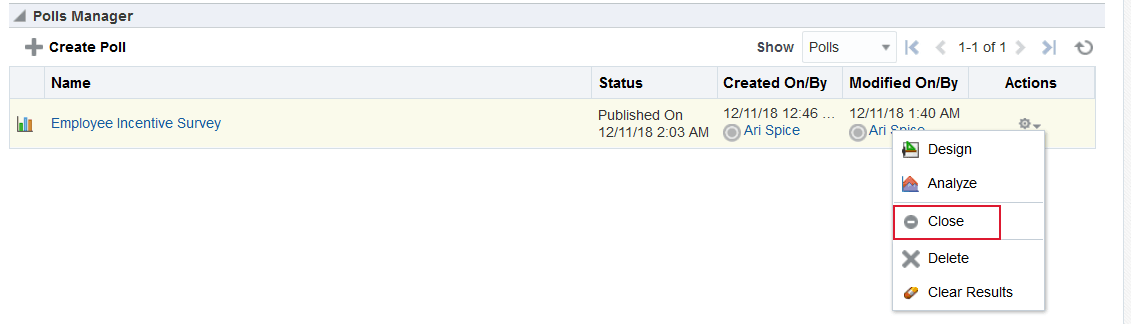 This figure shows the Polls Manager task flow with a published poll selected. The Actions drop-down list is shown with Close highlighted.