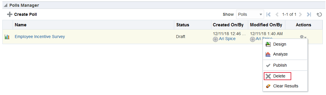 This figure shows the Polls Manager task flow with a poll selected. The Actions drop-down list is shown with the Delete option highlighted.