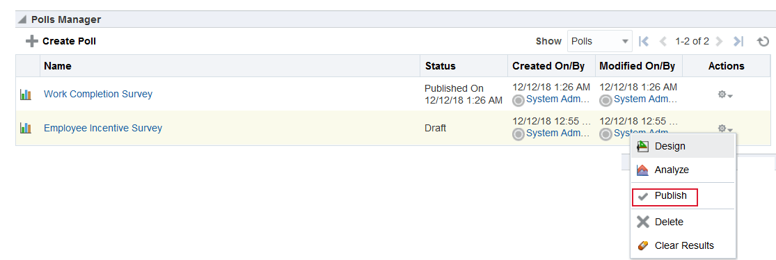 This figure shows the Polls Manager task flow with a poll selected. The Actions drop-down list is shown with Publish highlighted.