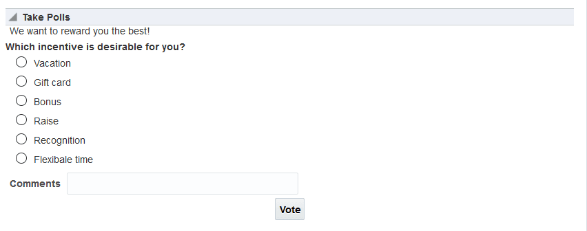 This figure shows the Take Polls view. There is a Vote button for users to submit their poll.