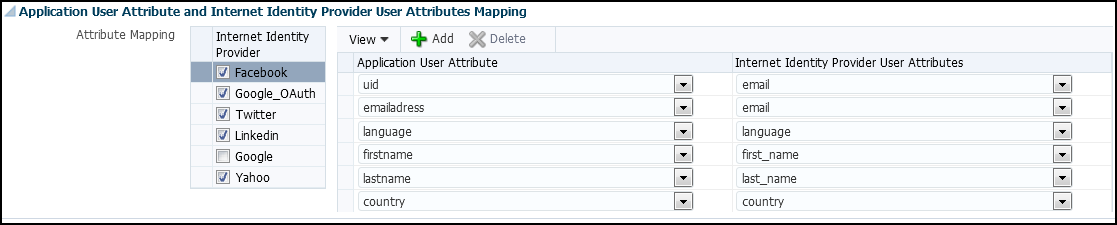 The Application User Attribute and Internet Identity Provider User Attributes Mapping page.