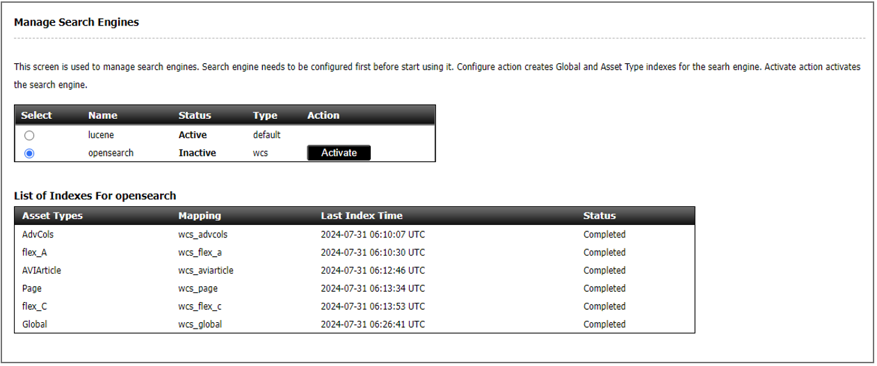 The image shows the Manage Search Engines page where the Activate button is available to switch to the OpenSearch engine.
