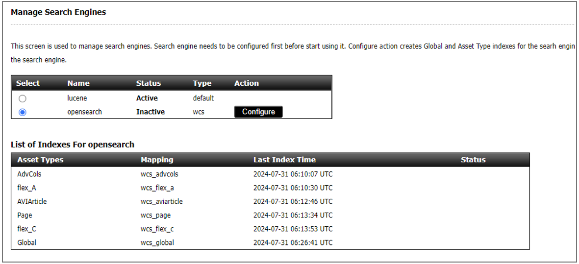 The image shows the Manage Search Engines page where the opensearch option is selected.