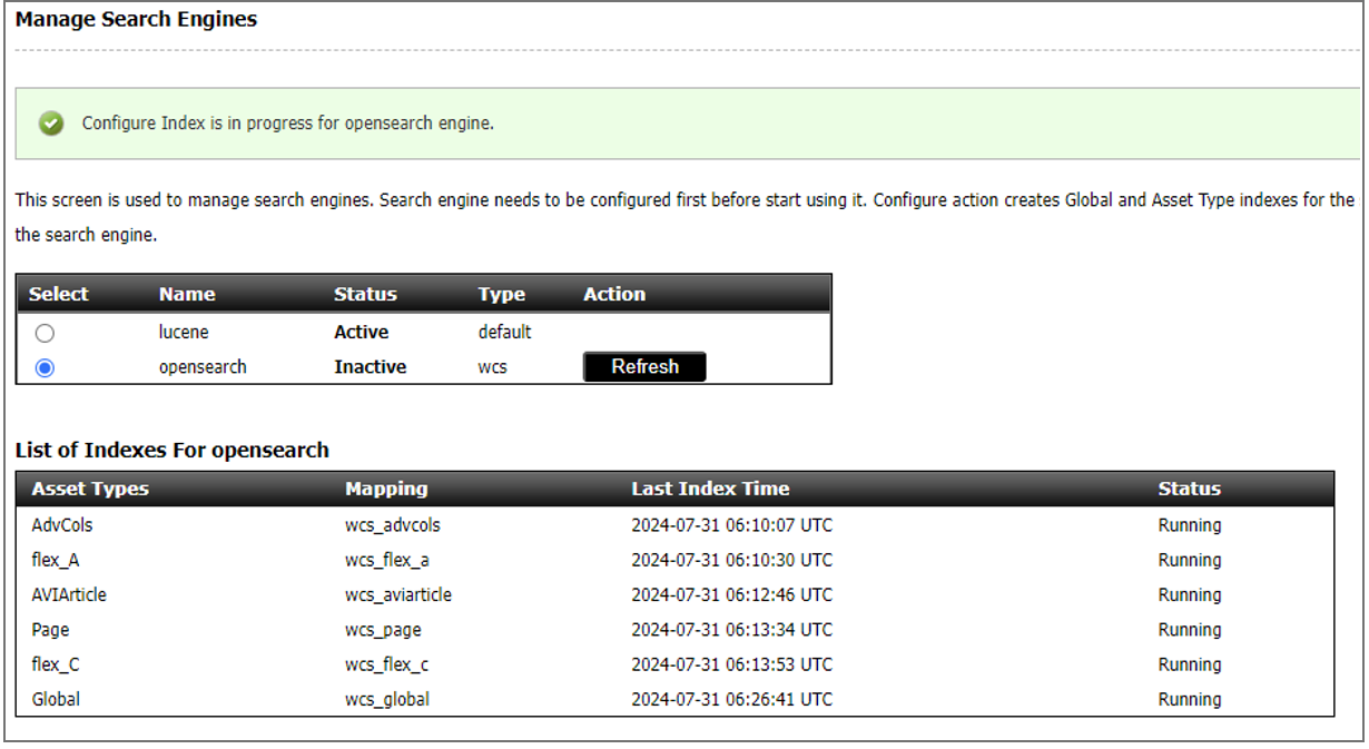 The image shows the Manage Search Engines page where a message is shown indicating that the index configuration is in progress for the OpenSearch engine.