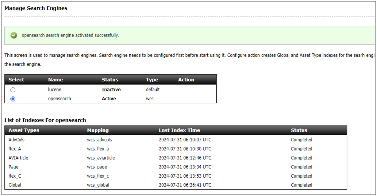 The image shows the Manage Search Engines page where a message is shown indicating that the OpenSearch engine is active.