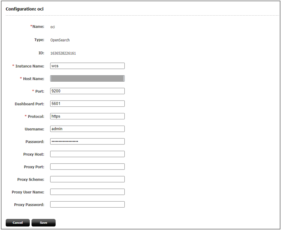 The image shows the Configuration page for OpenSearch type with various fields.